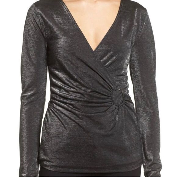 Trouve Metallic Black Faux Wrap Women’s Top Size XS - Picture 1 of 6